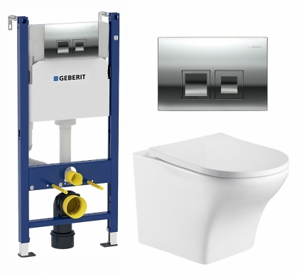 Комплект 3 в 1 инсталляция Geberit Duofix + Подвесной унитаз WeltWasser Odenbach 004 GL-WT + кнопка хром