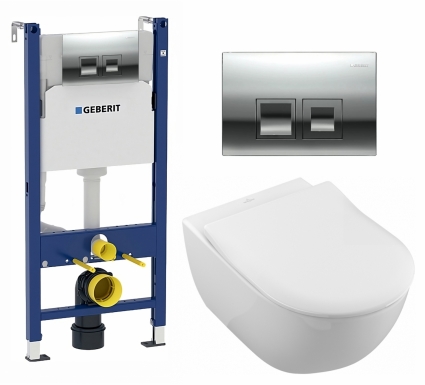 Комплект 3 в 1 инсталляция Geberit Duofix + Унитаз подвесной Villeroy & Boch Subway 2.0 5614R201 + кнопка хром