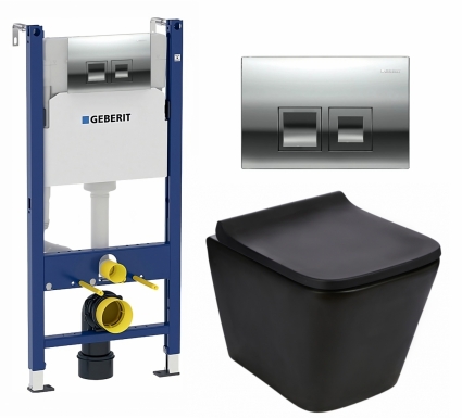 Комплект 3 в 1 инсталляция Geberit Duofix + Подвесной унитаз WeltWasser Gelbach 043 MT-BL + кнопка хром