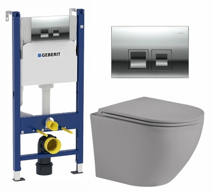 Комплект 3 в 1 инсталляция Geberit Duofix + Унитаз подвесной Weltwasser WW Merzbach 043 MT-GR + кнопка хром