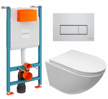 Комплект 3 в 1 инсталляция VitrA V-Fix Core + Подвесной безободковый унитаз CeruttiSpa Sella aria CT7183 + кнопка хром матовый