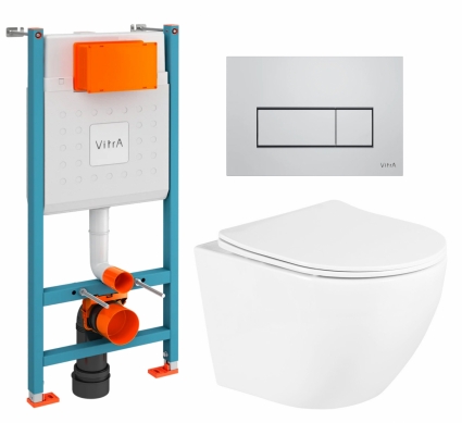 Комплект 3 в 1 инсталляция VitrA V-Fix Core + Унитаз подвесной BelBagno Uno BB3105CHR/SC + кнопка хром матовый