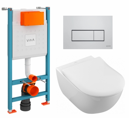 Комплект 3 в 1 инсталляция VitrA V-Fix Core + Унитаз подвесной Villeroy & Boch Subway 2.0 5614R201 + кнопка хром матовый