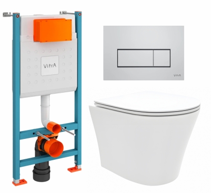 Комплект 3 в 1 инсталляция VitrA V-Fix Core + Унитаз подвесной Enio Neo EN5370588 + кнопка хром матовый