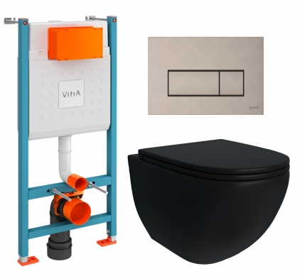 Комплект 3 в 1 инсталляция VitrA V-Fix Core + Унитаз подвесной Enio Unico BL EN4105055 + кнопка никель матовая