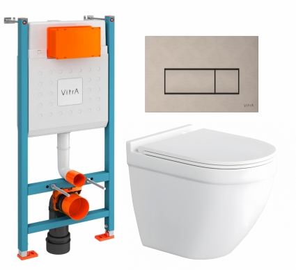 Комплект 3 в 1 инсталляция VitrA V-Fix Core + Унитаз подвесной Enio Pulito EN1170052 + кнопка никель матовая