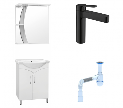 Комплект: Мебель для ванной Style Line Эко Стандарт №15 60 + Смеситель BelBagno Delta DEL-LVM-NERO + Сифон АниПласт