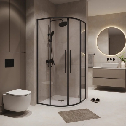 Душевой уголок Niagara Nova NG-6826-34BLACK 90x90, профиль черный матовый, стекло прозрачное, полукруглый, двери раздвижные