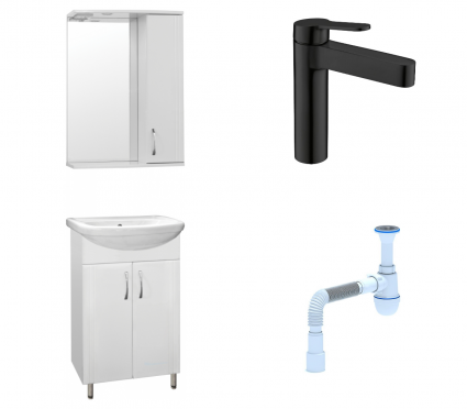 Комплект: Мебель для ванной Style Line Эко Стандарт №9 55 + Смеситель BelBagno Delta DEL-LVM-NERO + Сифон АниПласт