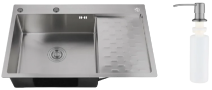 Мойка кухонная РМС MRK-8050BL-L c дозатором, нержавеющая сталь, черный, глянцевая, прямоугольная, 50x80 см