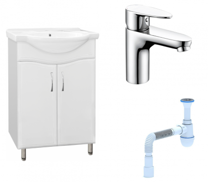 Комплект: Тумба с раковиной Style Line Эко Волна №9 60 + Смеситель Wasserkraft Leine 3503 + Сифон АниПласт