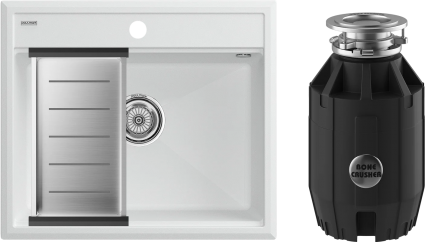Комплект Мойка кухонная Paulmark Stepia PM115951-WH+A375-BS с коландером, белая + Измельчитель Bone Crusher BC 910-AS, матовая, прямоугольная
