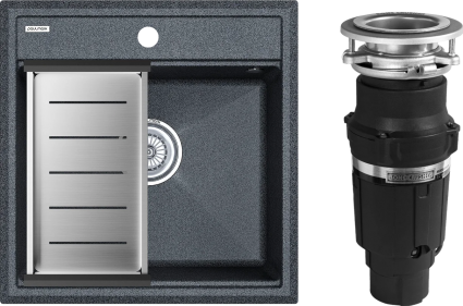 Комплект Мойка кухонная Paulmark Stepia PM115051-DG+A375-BS с коландером, графит + Измельчитель Bone Crusher BC 610-AS, матовая, прямоугольная