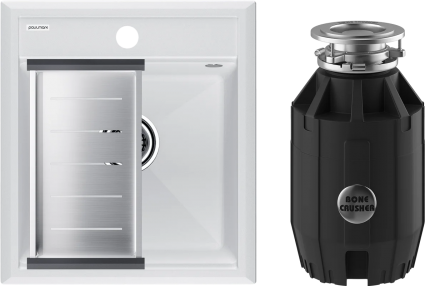 Комплект Мойка кухонная Paulmark Stepia PM114651-WH+A375-BS с коландером, белая + Измельчитель Bone Crusher BC 910-AS, матовая, прямоугольная