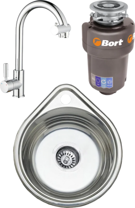Комплект Мойка кухонная Seaman Eco Wien SWT-3945 + Смеситель Barcelone SSL-5226 water polish + Измельчитель Bort Titan 5000 Control полированная, круглая