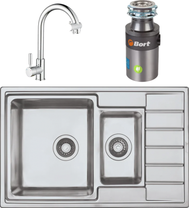 Комплект Мойка кухонная Seaman Eco Roma SMR-7850B без отверстий + Смеситель Barcelone SSL-5226 water polish + Измельчитель Bort Titan 4000 Plus брашированная, прямоугольная