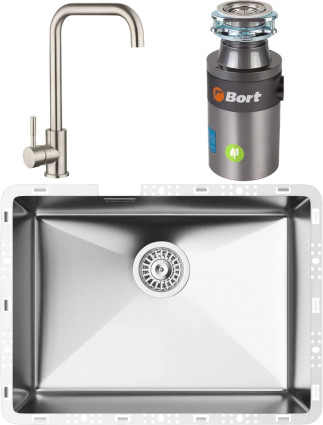 Комплект Мойка кухонная TopZero TZ RS 550 нержавеющая сталь + Смеситель WIX 206 INOX нержавеющая сталь + Измельчитель Bort Titan 4000 Plus полированная, прямоугольная