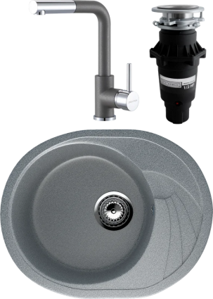 Комплект Мойка кухонная Ulgran U-403 -309 темно-серая + Смеситель Paulmark Kassel Ka214311-402 серый металлик + Измельчитель Bone Crusher BC 810-SL Slim Line матовая, овальная