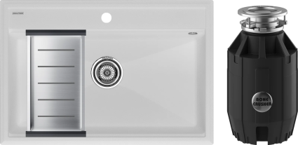 Комплект Мойка кухонная Paulmark Stepia PM117551-WH+A375-BS с коландером, белая + Измельчитель Bone Crusher BC 910-AS, матовая, прямоугольная