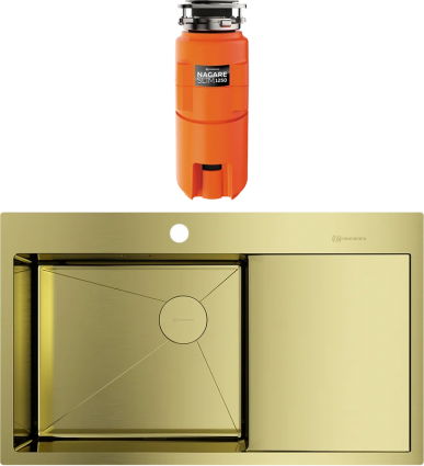 Комплект Мойка кухонная Omoikiri Akisame 86-LG-L светлое золото, L + Измельчитель Nagare slim 1250, брашированная, прямоугольная