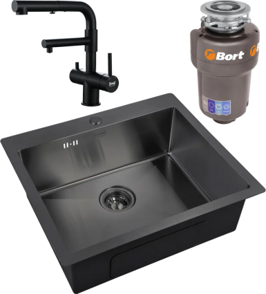 Комплект Мойка кухонная Zorg Inox PVD 5951 grafit + Смеситель Sanitary SZR-3216 Grafit графит + Измельчитель Bort Titan Max Power брашированная, прямоугольная