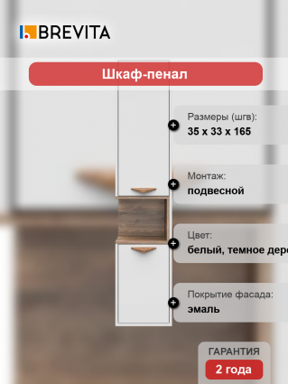 Шкаф-пенал Brevita Bergen BER-05035-01-19-ПоП подвесной, правый, белый, матовый, фурнитура дерево