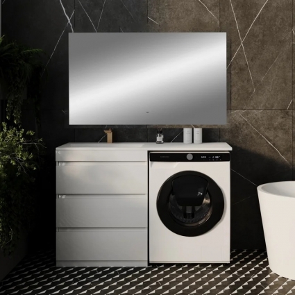 Мебель для ванной комнаты Style Line Даллас 130 L Люкс Plus напольная, белая, 3 ящика, зеркало DIWO Элиста, глянцевая, с доводчиками