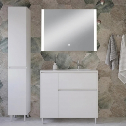 Мебель для ванной комнаты Style Line Барселона 90 R Люкс Plus, с бельевой корзиной, зеркало STWORKI Копенгаген, напольная, матовая
