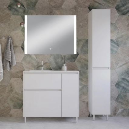 Мебель для ванной комнаты Style Line Барселона 90 L Люкс Plus, с бельевой корзиной, зеркало STWORKI Копенгаген, напольная, матовая