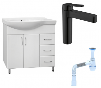 Комплект: Тумба с раковиной Style Line Эко Стандарт №25 82 + Смеситель BelBagno Delta DEL-LVM-NERO + Сифон АниПласт