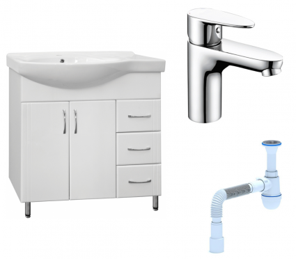 Комплект: Тумба с раковиной Style Line Эко Стандарт №25 82 + Смеситель Wasserkraft Leine 3503 + Сифон АниПласт