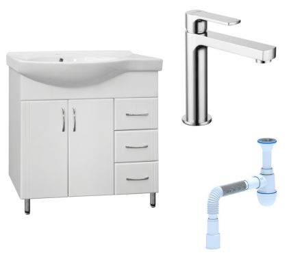 Комплект: Тумба с раковиной Style Line Эко Стандарт №25 82 + Смеситель Lemark plus Grace LM1537C  + Сифон АниПласт