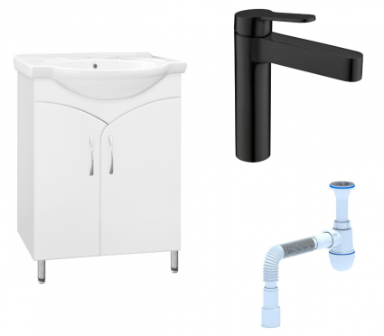 Комплект: Тумба с раковиной Style Line Эко Стандарт №15 60 + Смеситель BelBagno Delta DEL-LVM-NERO + Сифон АниПласт