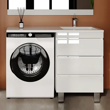 Тумба с раковиной Style Line Даллас Леон 120 R Люкс Plus напольная, белая, для стиральной машины, 3 ящика, глянцевая, с доводчиками