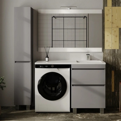 Мебель для ванной комнаты Style Line Даллас Леон 120 R Люкс Plus напольная, белая, для стиральной машины, 2 ящика, глянцевая, с доводчиками