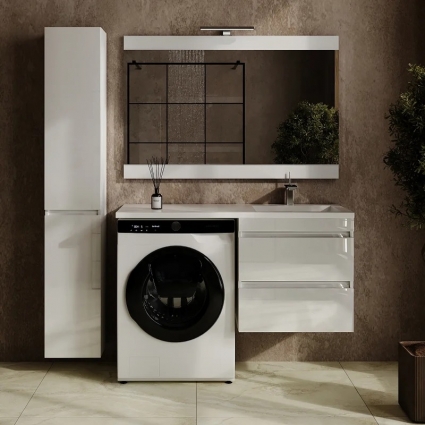 Мебель для ванной комнаты Style Line Даллас Леон 120 R Люкс Plus подвесная, белая, для стиральной машины, глянцевая, с ящиками