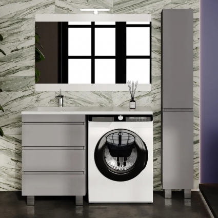 Мебель для ванной комнаты Style Line Даллас Леон 120 L Люкс Plus напольная, серая, для стиральной машины, 3 ящика, глянцевая, с доводчиками