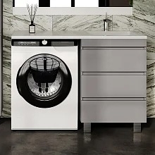 Тумба с раковиной Style Line Даллас Леон 120 R Люкс Plus напольная, серая, для стиральной машины, 3 ящика, глянцевая, с доводчиками