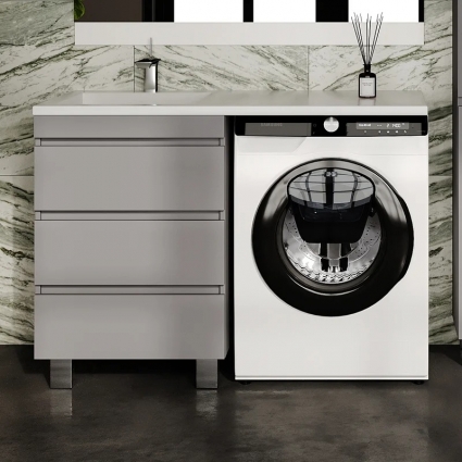 Тумба с раковиной Style Line Даллас Леон 120 L Люкс Plus напольная, серая, для стиральной машины, 3 ящика, глянцевая, с доводчиками