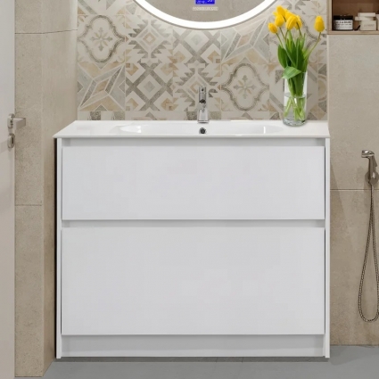 Тумба с раковиной BelBagno Kraft 100 напольная, bianco opaco, раковина LOV-1000-LVB, матовая, с ящиками