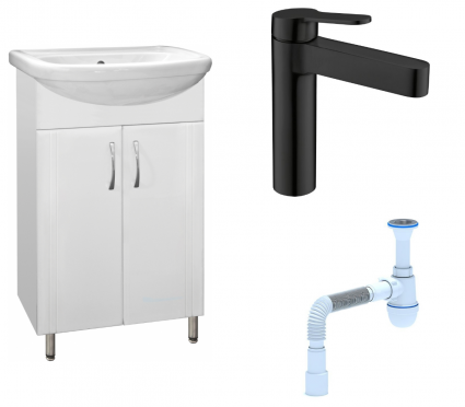 Комплект: Тумба с раковиной Style Line Эко Стандарт №9 55 + Смеситель BelBagno Delta DEL-LVM-NERO + Сифон АниПласт