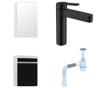 Комплект: Мебель для ванной Style Line Compact 40 Люкс + Смеситель BelBagno Delta DEL-LVM-NERO + Сифон АниПласт
