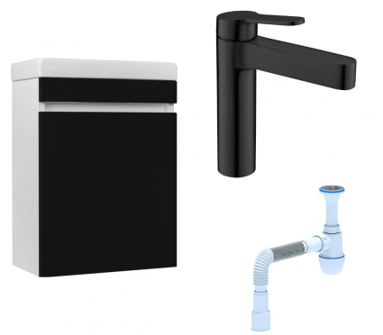 Комплект: Тумба с раковиной Style Line Compact 40 Люкс + Смеситель BelBagno Delta DEL-LVM-NERO + Сифон АниПласт
