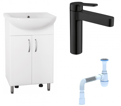 Комплект: Тумба с раковиной Style Line Эко Стандарт №9 50 + Смеситель BelBagno Delta DEL-LVM-NERO + Сифон АниПласт