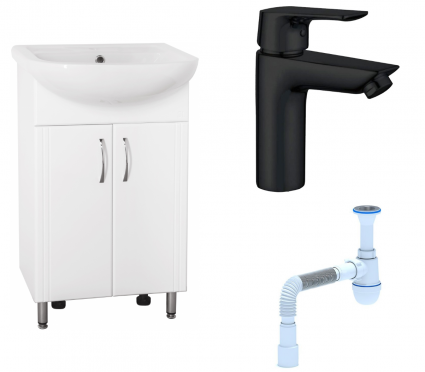 Комплект: Тумба с раковиной Style Line Эко Стандарт №9 50 + Смеситель Aquanet Static AF330-10B + Сифон АниПласт