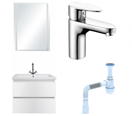 Комплект: Тумба с раковиной Style Line Даймонд 60 Люкс Plus + Смеситель Wasserkraft Leine 3503 + Сифон АниПласт