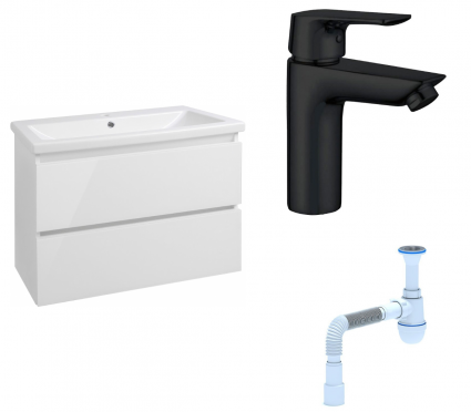 Комплект: Тумба с раковиной Style Line Даймонд 80 Люкс Plus + Смеситель Aquanet Static AF330-10B + Сифон АниПласт
