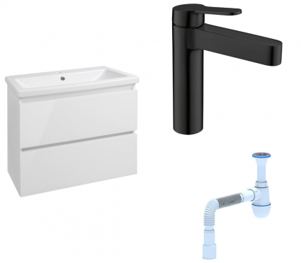 Комплект: Тумба с раковиной Style Line Даймонд 70 Люкс Plus + Смеситель BelBagno Delta DEL-LVM-NERO + Сифон АниПласт