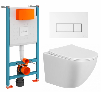 Комплект 3 в 1 инсталляция VitrA V-Fix Core + Унитаз подвесной Taliente Amato AM25010 + кнопка белая глянцевая