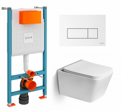 Комплект 3 в 1 инсталляция VitrA V-Fix Core + Унитаз подвесной SantiLine SL-5007 + кнопка белая глянцевая